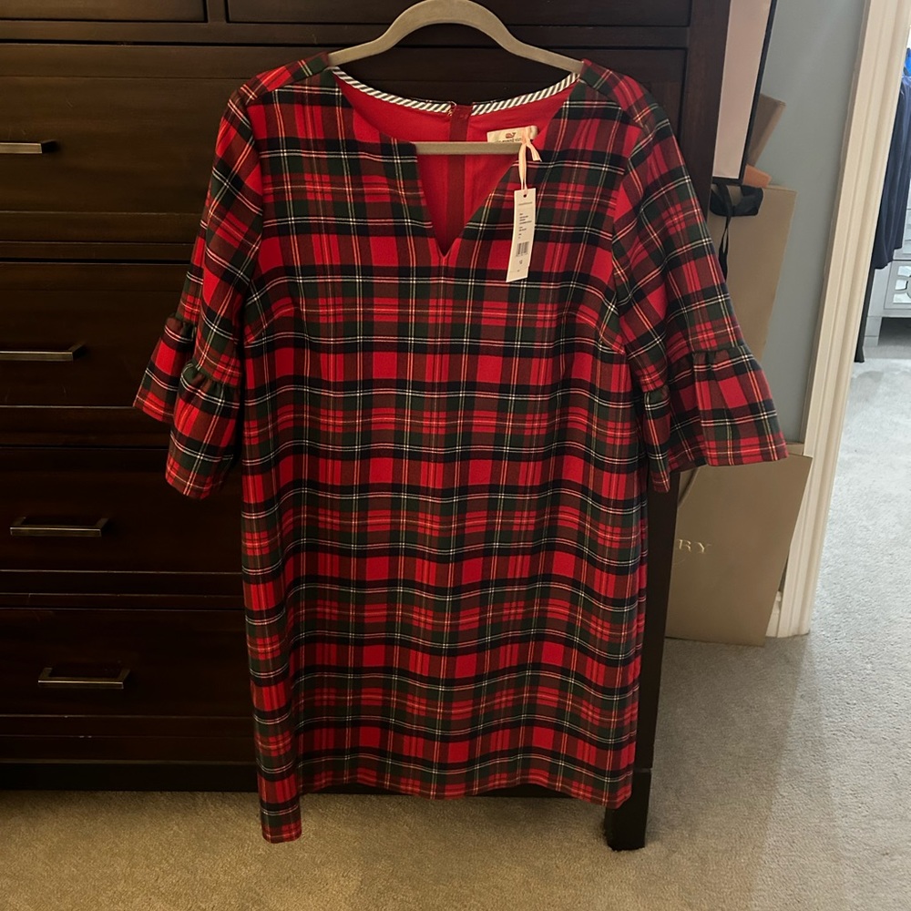 Vineyard Vines Plaid Greenwich Flutter Sleeve Shift Dress Red Velvet